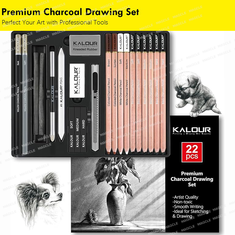 Sketching Charcoal Set - Kalour PDAS Kohle-Skizzen-Kunstset, Holzstab, ungiftig, Highlight-Zeichnung,