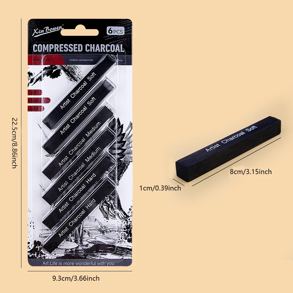 Sketching Charcoal Set - 6-teiliges Skizzen-Holzkohlestäbe-Set, weiche, mittelharte, komprimierte Holzkohlestäbe